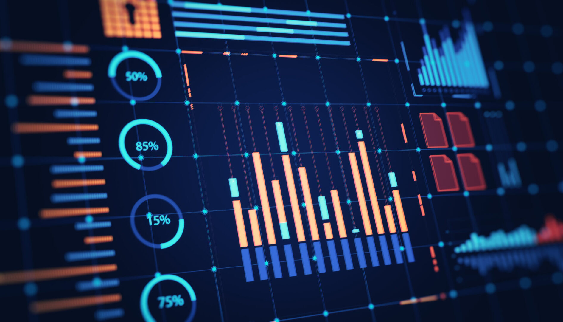 Financial data interface with bar charts, circular diagrams, and graphs on a futuristic digital background. Concept of market analysis. 3D Rendering.