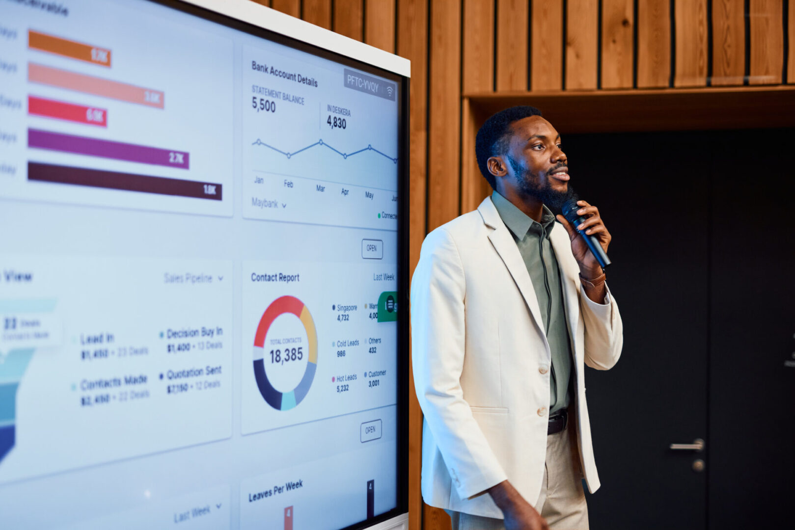Young businessman presenting company performance through a digital screen at a business conference, engaging the audience while speaking into a microphone and sharing insights