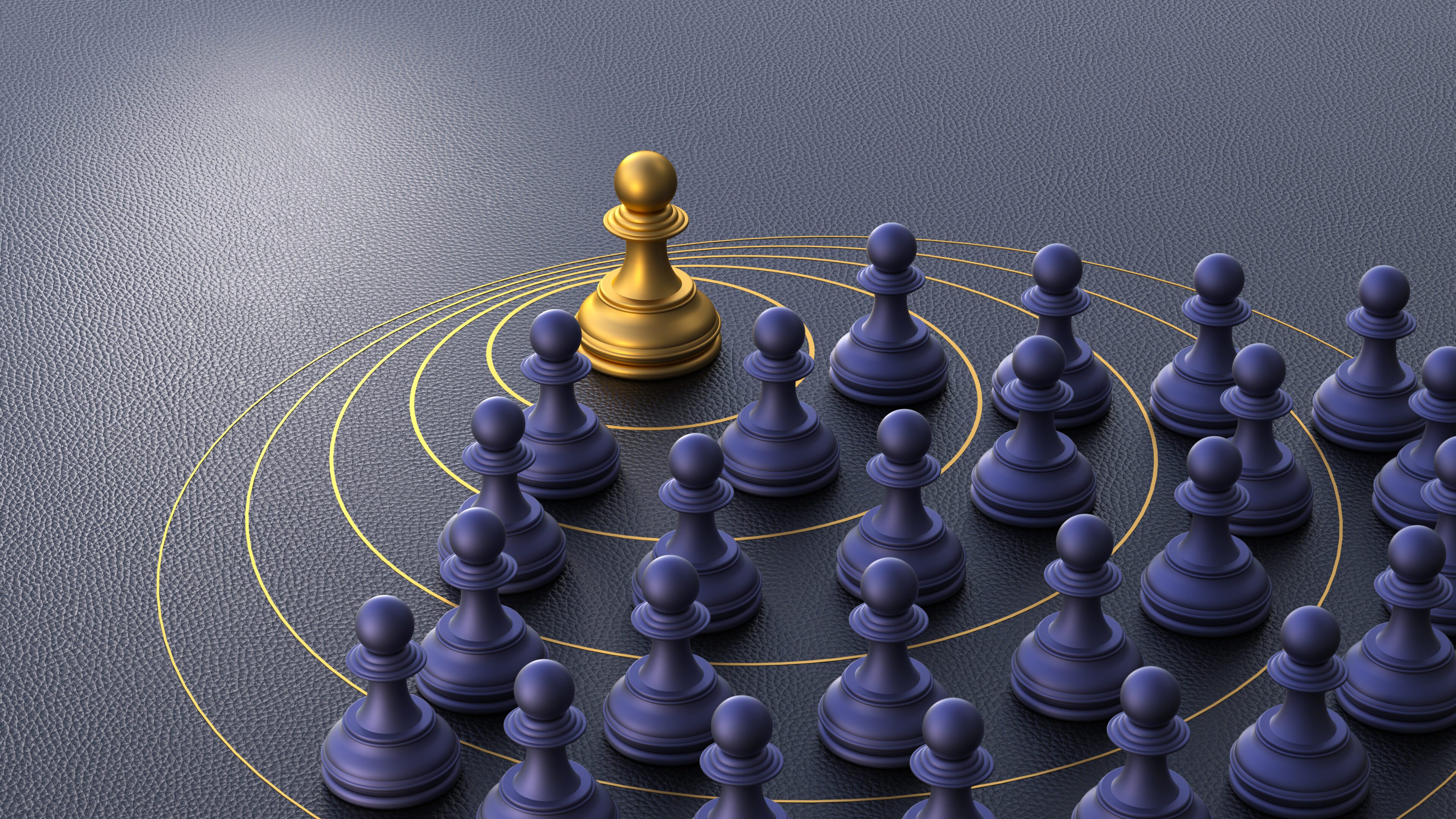A golden pawn stands at the forefront, confidently leading a group of black pawns along strategic concentric paths. This powerful 3d animation serves as a metaphor for effective Leadership, clear Direction, and successful Business Strategy. The golden pawn symbolizes a Leader, manager, or CEO who pioneers the way, inspiring their Team towards a common Goal. This conceptual image is perfect for illustrating themes of Success, Growth, Influence, and Standing Out From The Crowd in a competitive corporate environment.