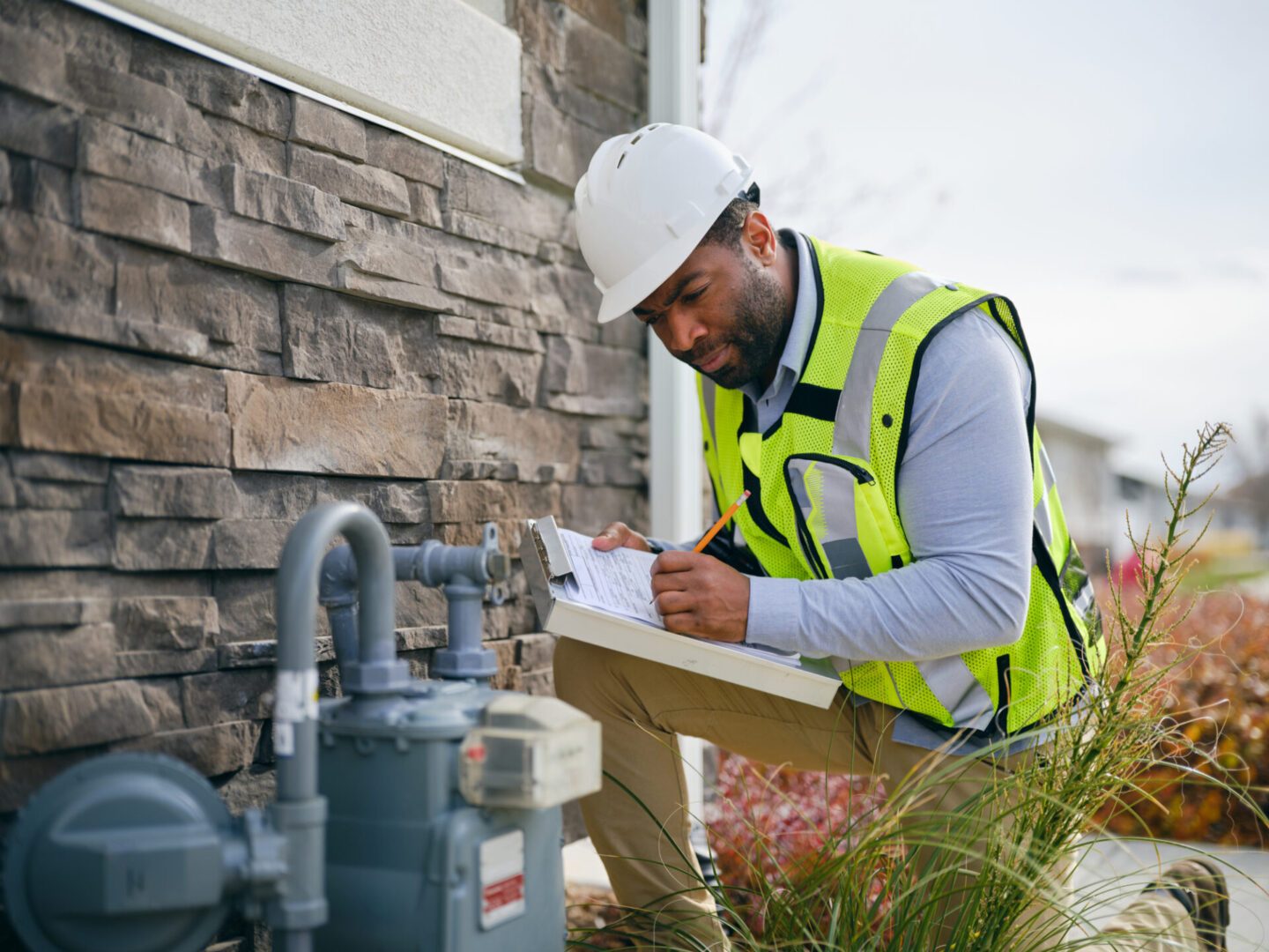 A technician examining and adjusting a natural gas meter on the exterior of a residential home.
