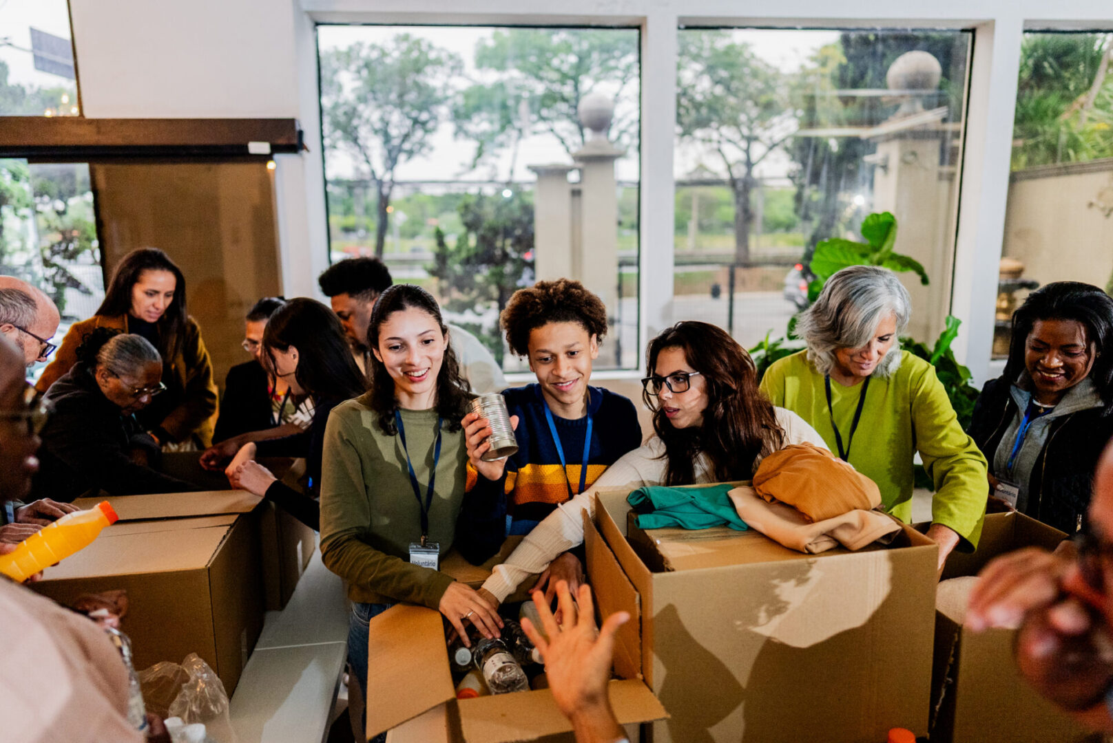 Volunteers sorting donations during community service