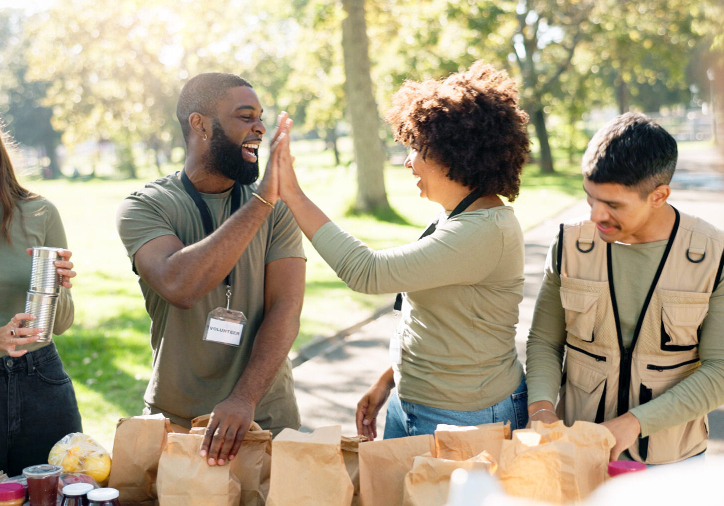 Charity, high five and volunteer team in park with parcel for donation, distribution or community service. NGO, diversity and happy people with parcel for teamwork, kindness or social responsibility