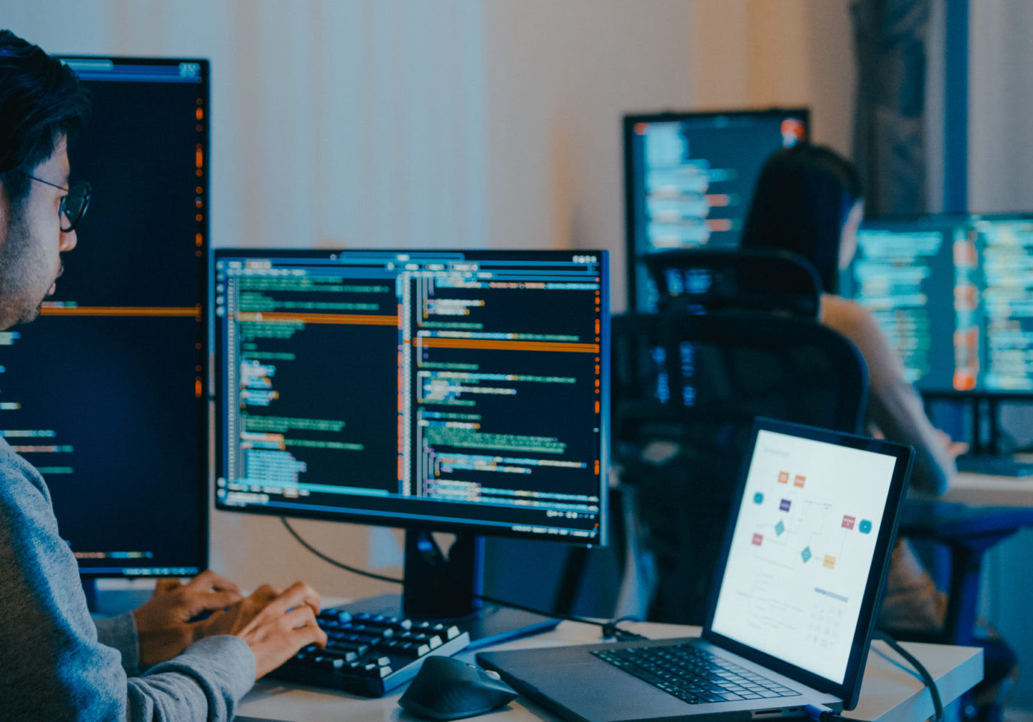 Group Adult Asia male, female freelance typing write prompt AI bot IT app smart program nomad, video game, terminal with coding language, designer, big data center on desktop computer in night office.