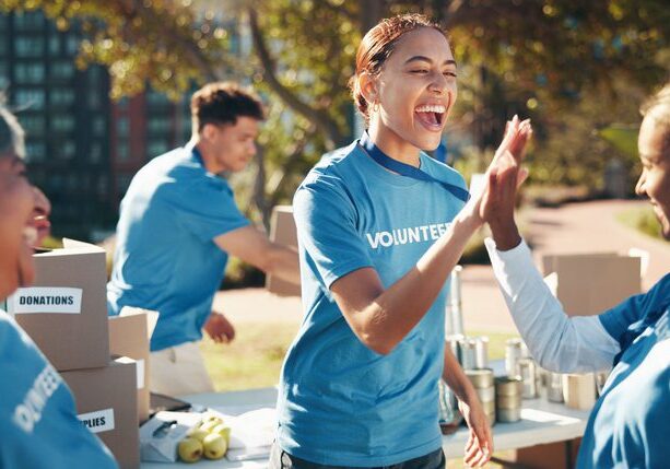 High five, volunteer and charity in teamwork for community service, project or nonprofit initiative. People, happiness and together with collaboration, outdoor and program for help, donations and NGO